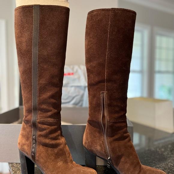 Prada brown suede 19” boots sz 38, 4 inch heel - Picture 2 of 10